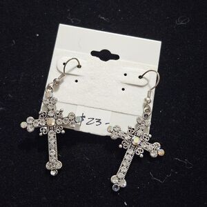 Rhinestone Cross Dangle Earrings - Silver Tone